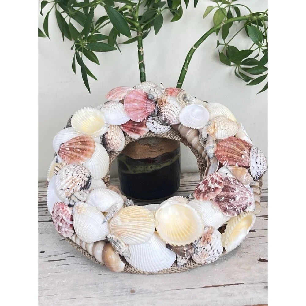 Vintage Nautical Hand Made Sea Shell Art Circular Wreath Frame 9” / Beach Home